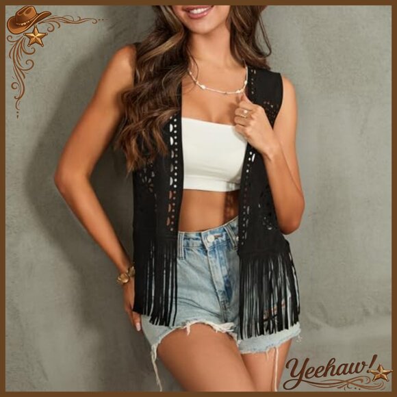 Faux Suede Fringe Vest Open Front Western Tassels 70s Boho Cardigan - Picture 2 of 4